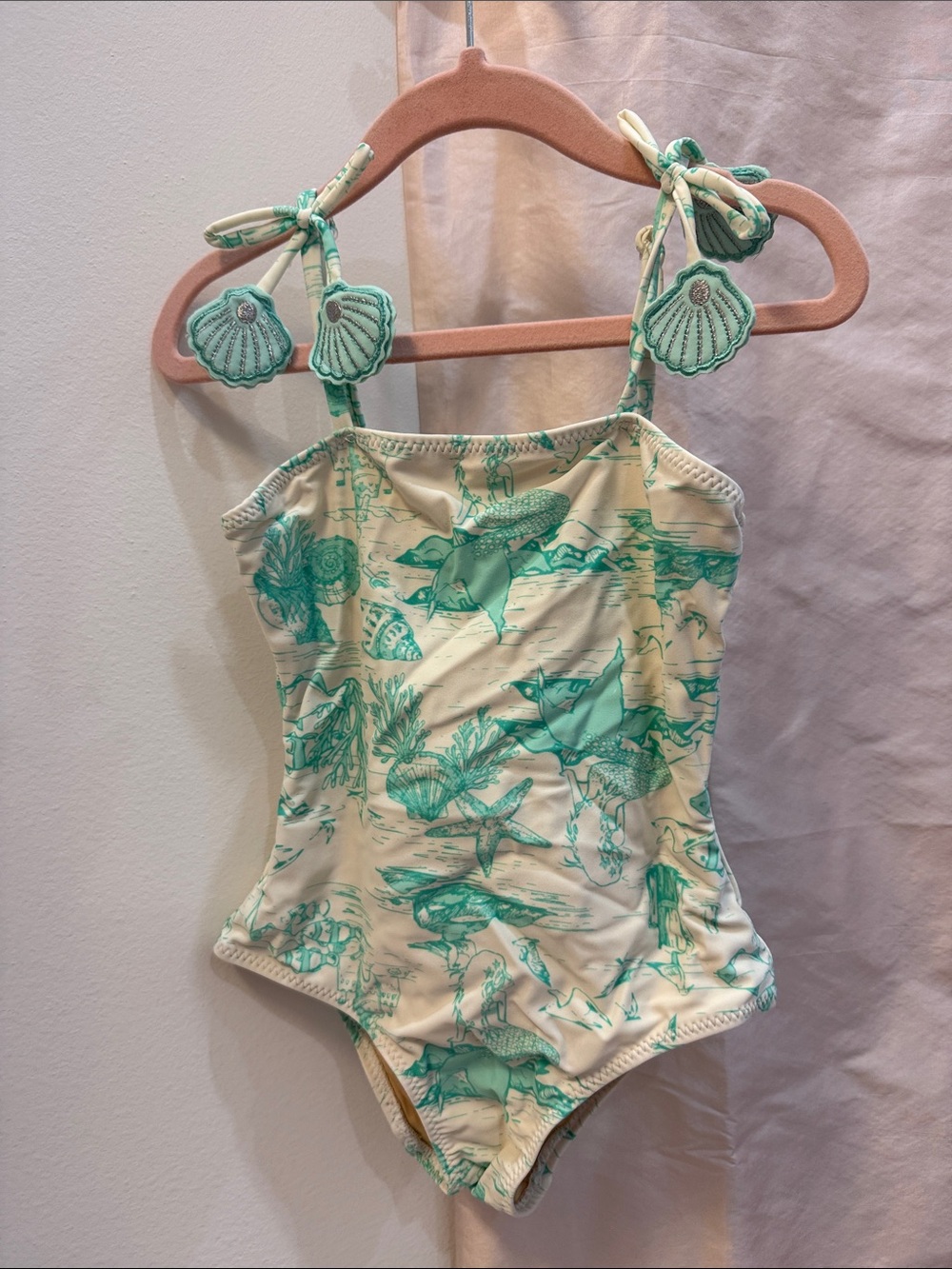 Girls Cream One-Piece Swimsuit with Green Sea Life Print